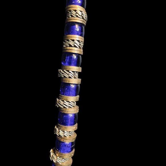 Artisan Blue Beaded Necklace Brass Accents Leather Cord Boho Tribal Vintage Look - Picture 5 of 9